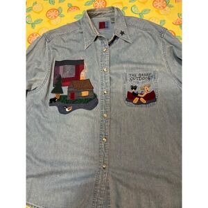 Sun Belt Denim Button Down Shirt Womens XL Blue The Great Outdoors Applique